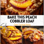 Golden Sourdough Peach Cobbler Loaf topped with sliced peaches and streusel, ideal for summer potlucks. 26